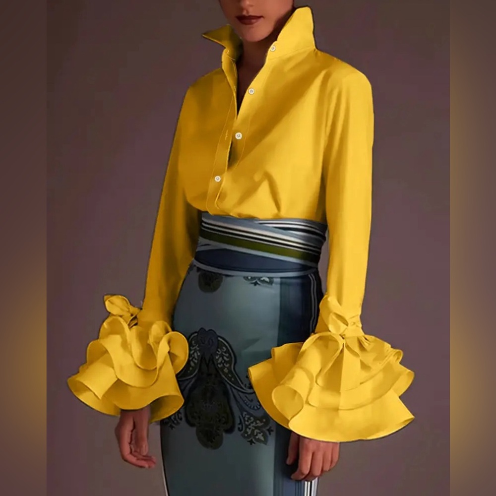 Yellow Ruffle Bow Cuff Statement Blouse Plus Size 0XL 12 - Picture 5 of 6
